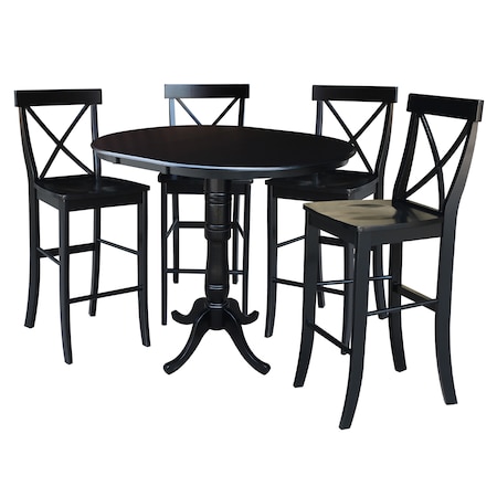 International Concepts Round 36 in Rd Extension Dining Table 40.9 inH, 4 X-Back Bar Height Stools, Black, 36 in W, 48 in L K46-36RXT-S6133-4